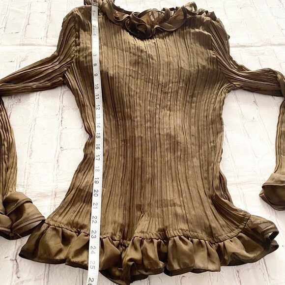 Zoommoney Ruffled Pleated Long Sleeve Stretchy Sheer Blouse in Brown M - Picture 9 of 12